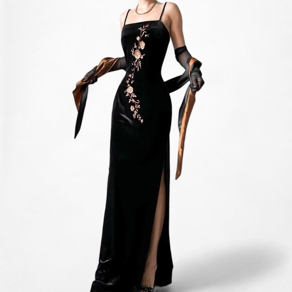 Vintage Black Velvet Knit Floral Embroidered Side Slit Maxi Bodycon Prom Dress S